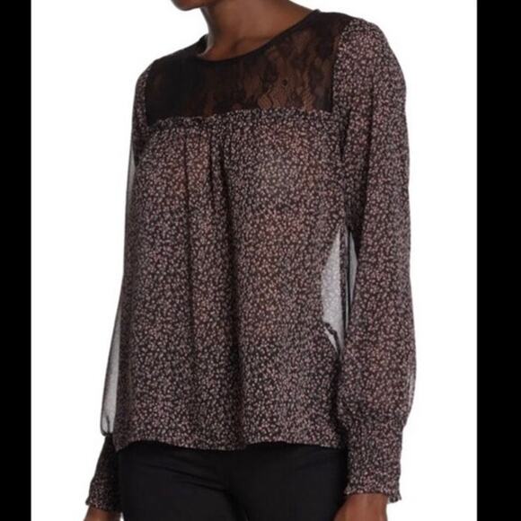 Pleione Tops - Pleione Lace Trim Chiffon Blouse Floral Cherry Blossom XL